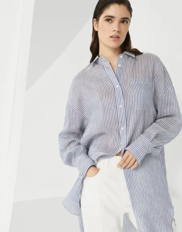 Striped linen and silk organza long shirt with shiny collar detail