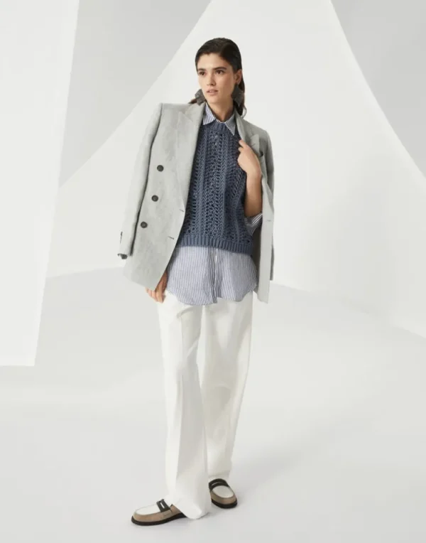 Striped linen and silk organza long shirt with shiny collar detail