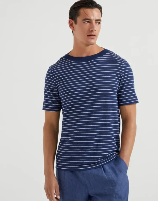 Striped linen stretch jersey boat neck T-shirt