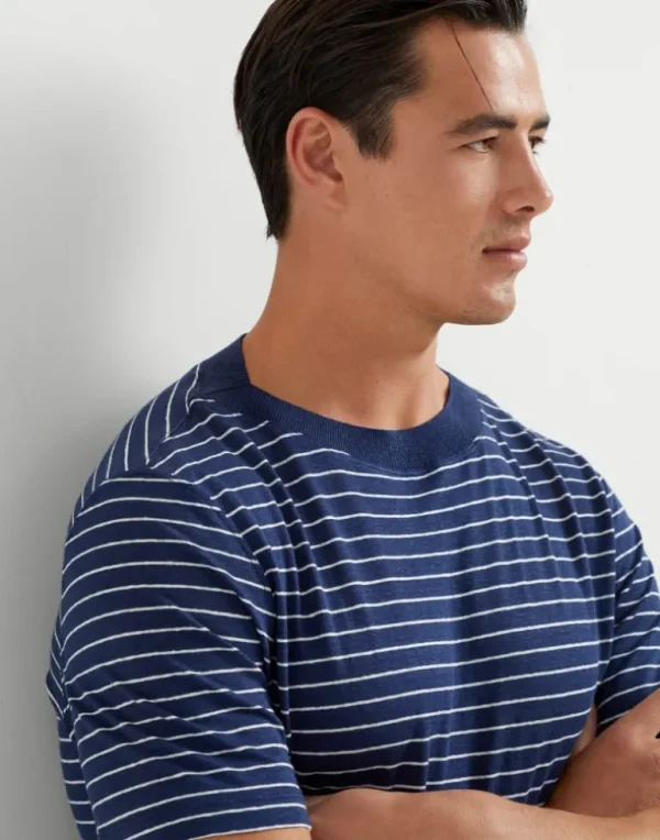 Striped linen stretch jersey boat neck T-shirt