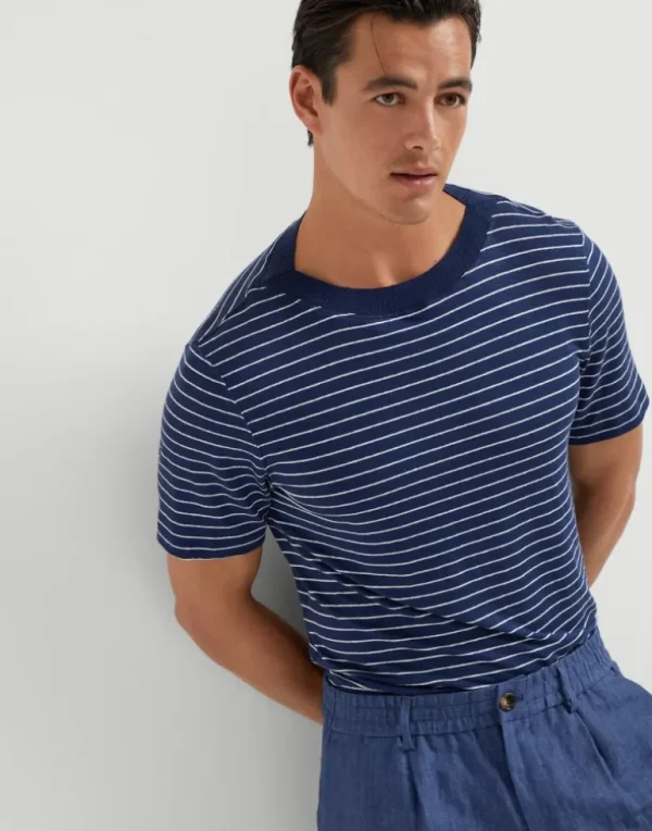 Striped linen stretch jersey boat neck T-shirt