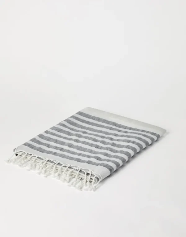 Striped linen throw with fringe