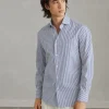 Striped poplin slim fit shirt with spread collar