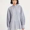 Striped silk poplin Mandarin collar shirt with monili