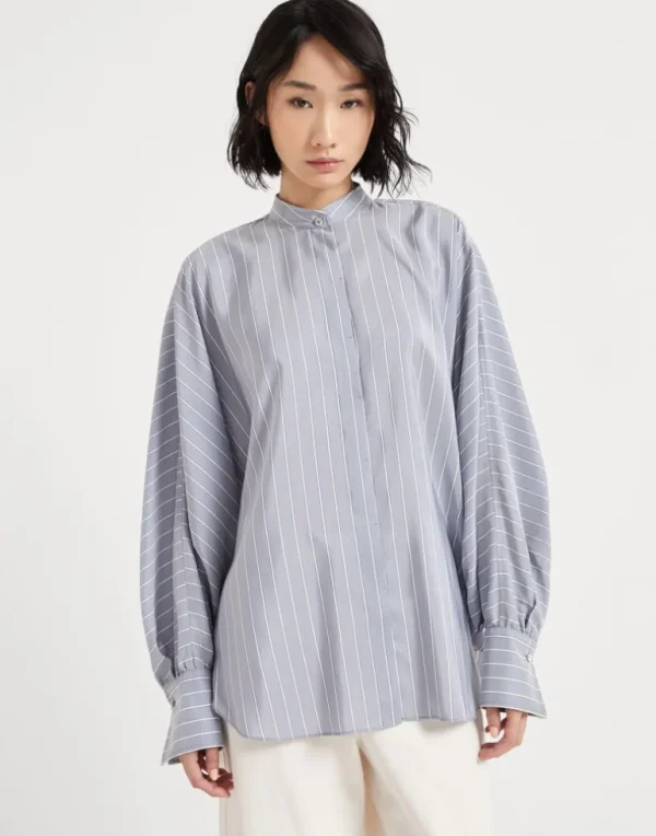 Striped silk poplin Mandarin collar shirt with monili