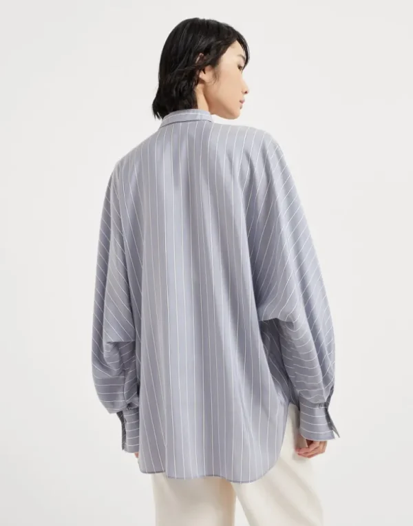 Striped silk poplin Mandarin collar shirt with monili