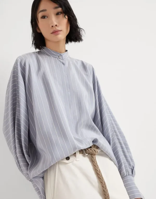 Striped silk poplin Mandarin collar shirt with monili