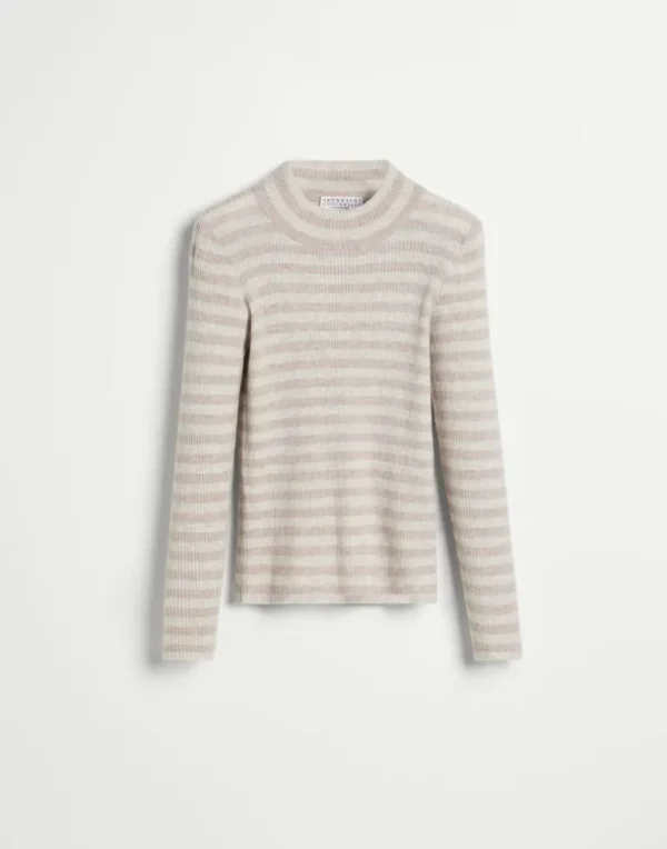 Striped sparkling cashmere rib knit lightweight sweater