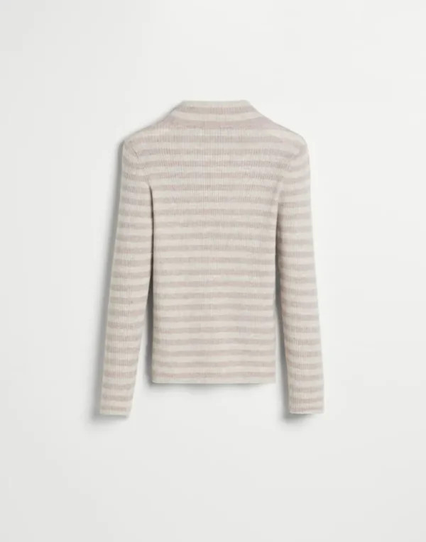 Striped sparkling cashmere rib knit lightweight sweater