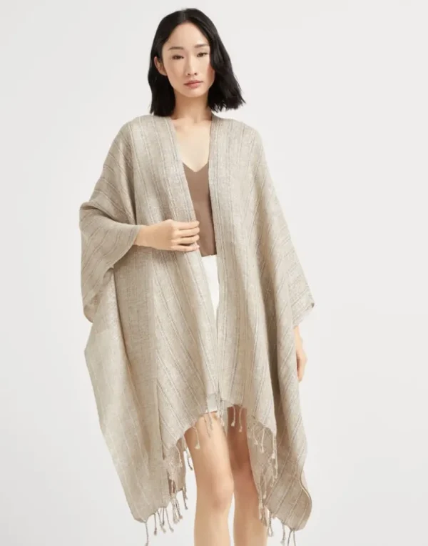 Striped sparkling linen poncho with fringe