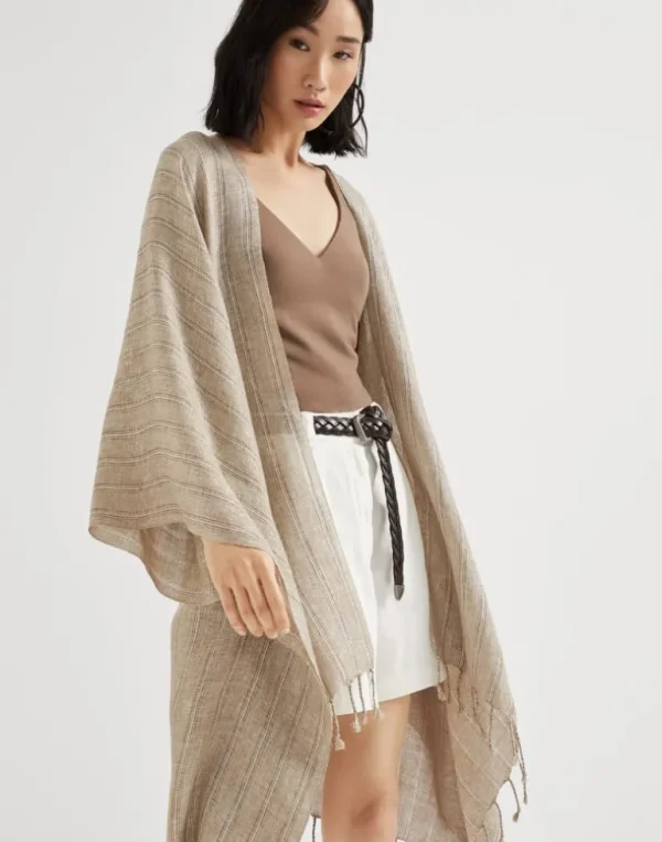 Striped sparkling linen poncho with fringe