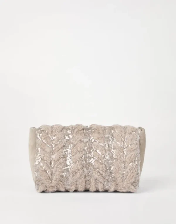 Suede and alpaca clutch bag with dazzling fern embroidery