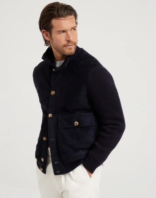 Suede and cashmere English rib knit outerwear jacket