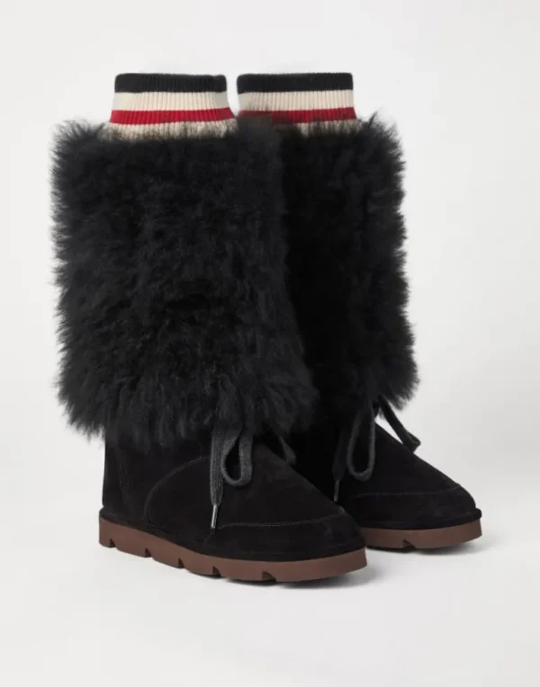 Suede and cashmere knit mountain boots with shearling inserts