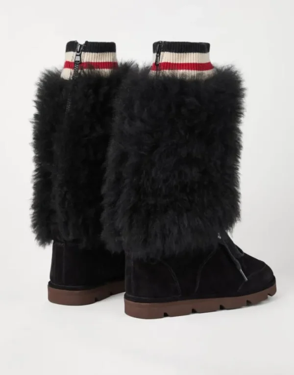 Suede and cashmere knit mountain boots with shearling inserts