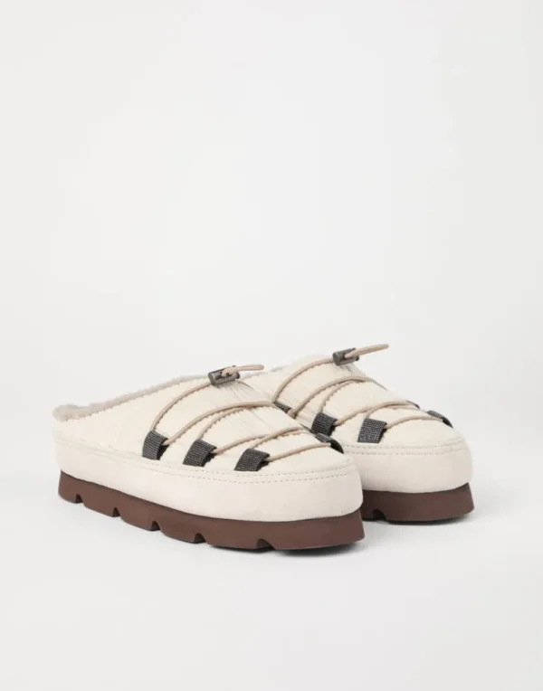 Suede and corduroy mountain slippers with shearling lining and shiny eyelets