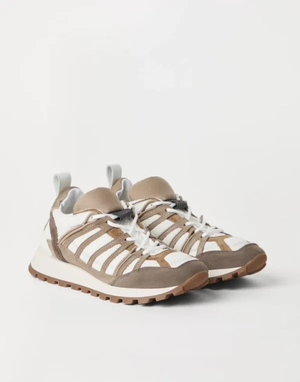 Suede and techno fabric runners with shiny loop detail