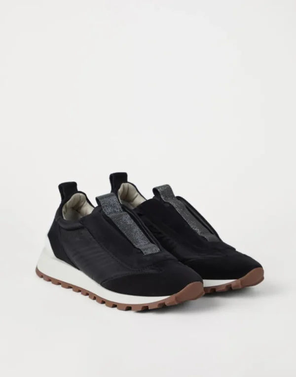 Suede and techno fabric runners with precious detail