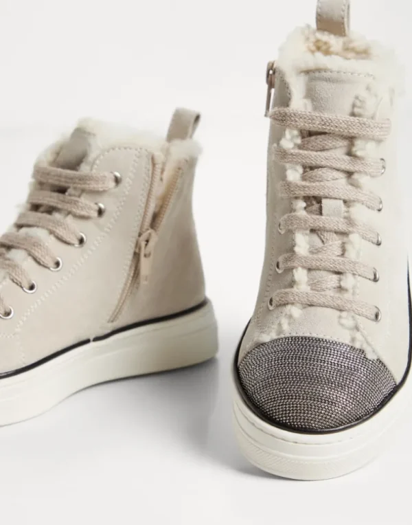 Suede high top sneakers with shearling lining and monili