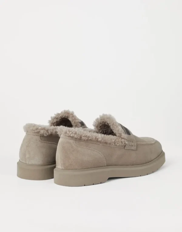 Suede penny loafers with shearling lining and precious insert