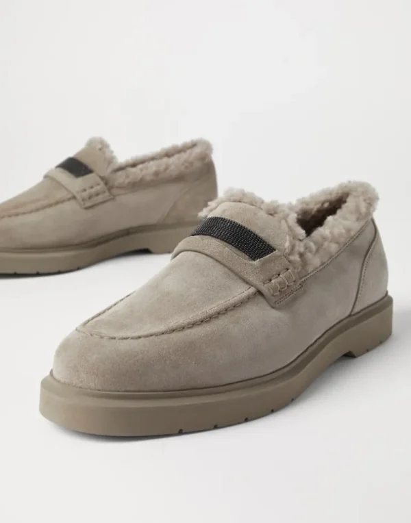 Suede penny loafers with shearling lining and precious insert