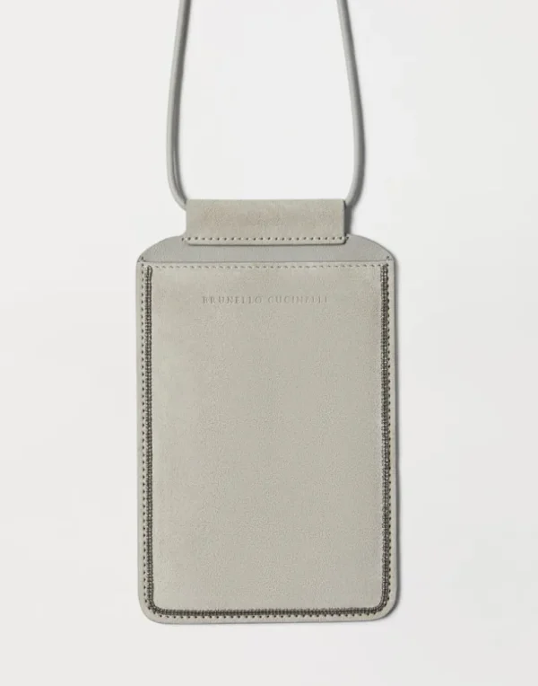 Suede phone bag with shiny trim