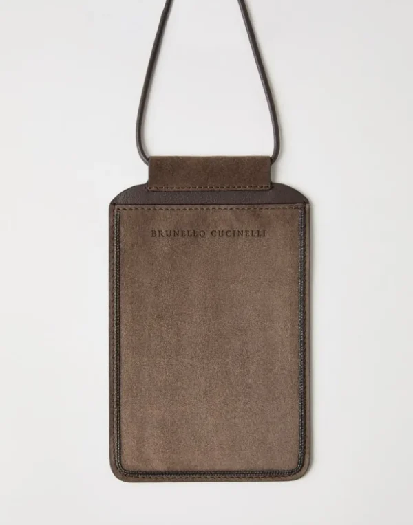 Suede phone bag with shiny trim