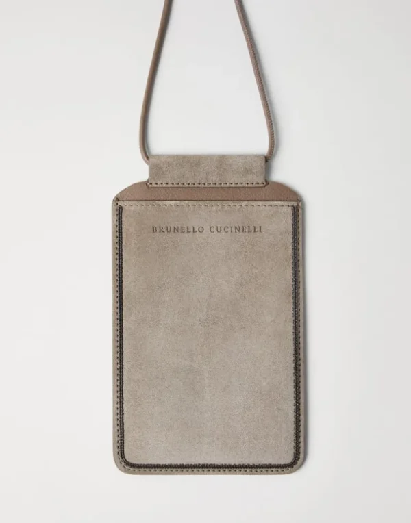 Suede phone bag with shiny trim