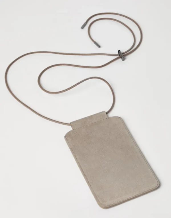 Suede phone bag with shiny trim