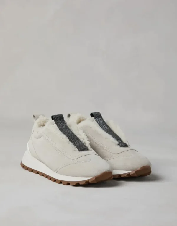 Suede runners with shearling lining and precious detail