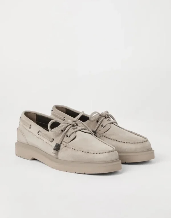 Suede sail penny loafers with shiny aglets