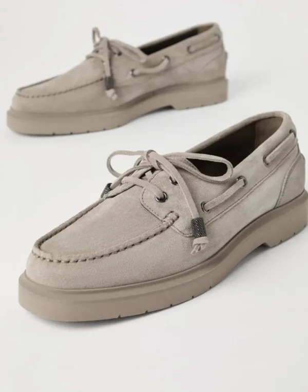 Suede sail penny loafers with shiny aglets