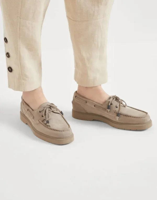 Suede sail penny loafers with shiny aglets