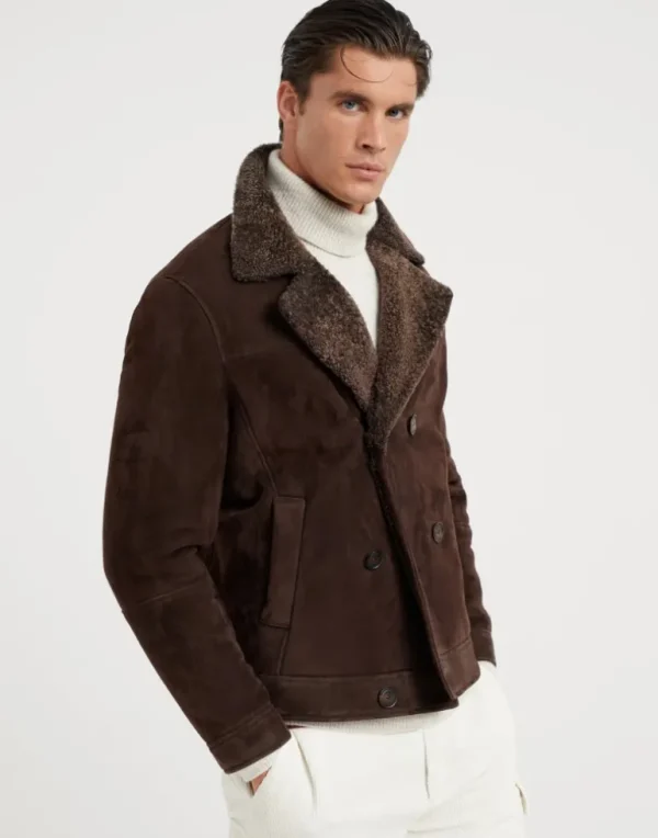 Suede shearling one-and-a-half breasted outerwear jacket