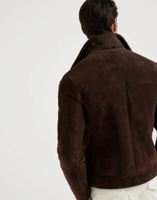 Suede shearling one-and-a-half breasted outerwear jacket