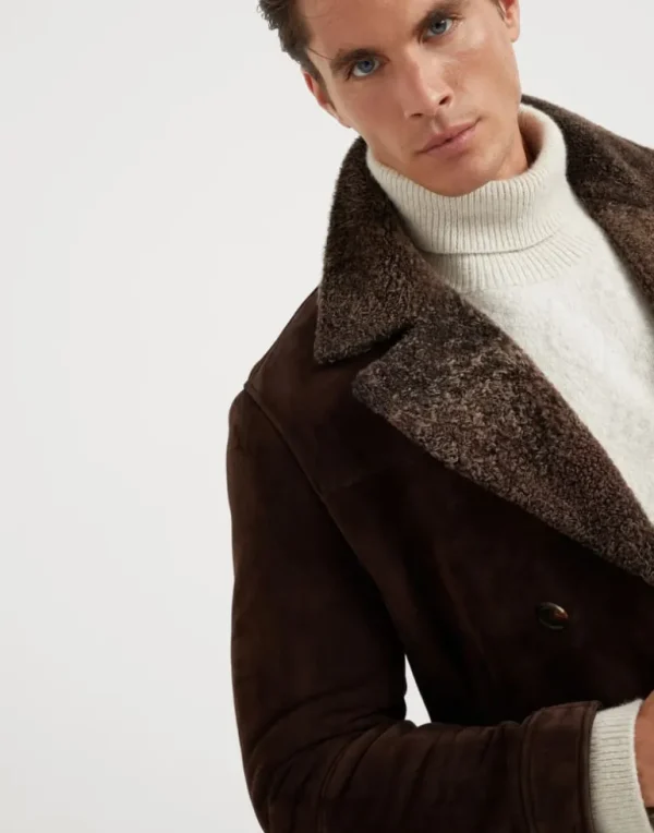 Suede shearling one-and-a-half breasted outerwear jacket