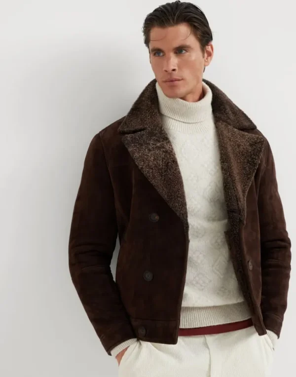 Suede shearling one-and-a-half breasted outerwear jacket