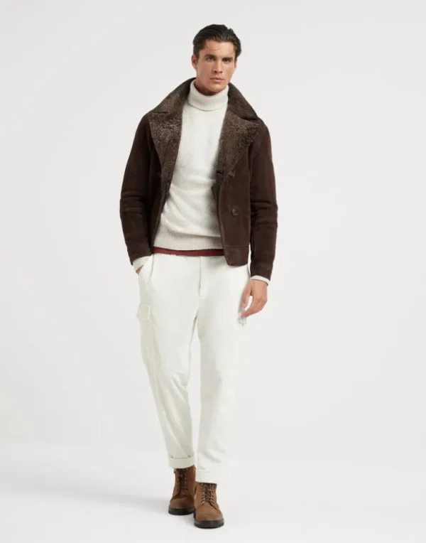 Suede shearling one-and-a-half breasted outerwear jacket