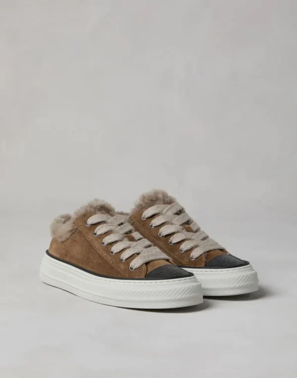 Suede sneakers with shearling lining and precious toe