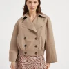 Techno cotton bonded panama cropped pea coat with precious detail