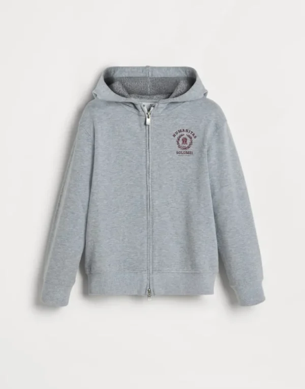 Techno cotton French terry hooded sweatshirt with print and zipper