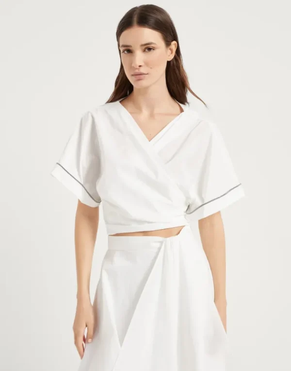 Techno cotton poplin kimono-style top with shiny trims