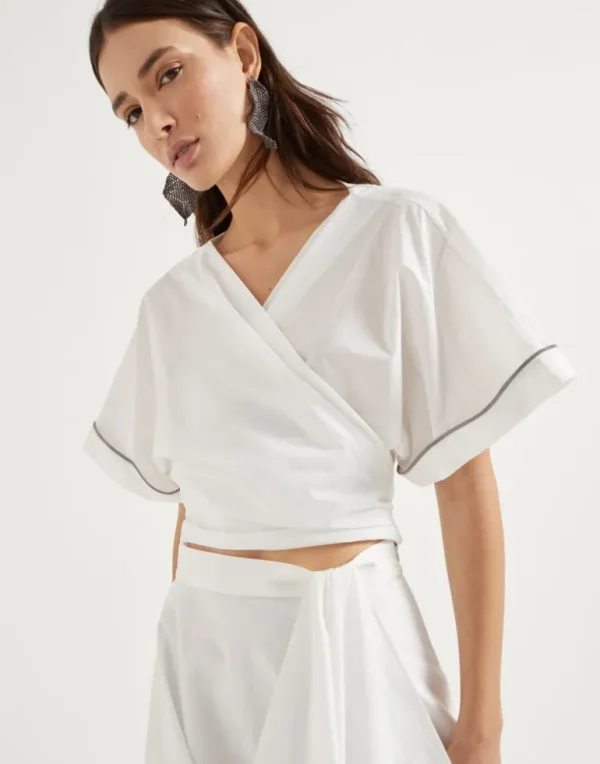 Techno cotton poplin kimono-style top with shiny trims