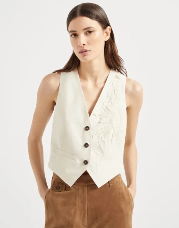 Techno cotton poplin vest with herbarium appliqué and monili