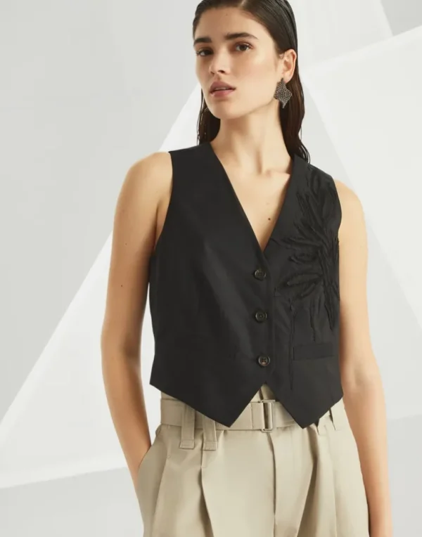 Techno cotton poplin vest with herbarium appliqué and monili