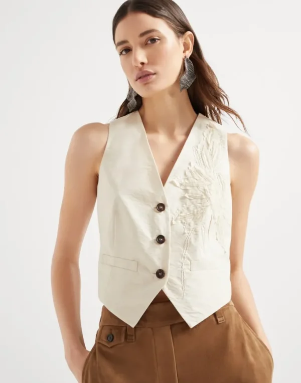 Techno cotton poplin vest with herbarium appliqué and monili