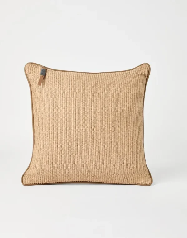 Techno raffia cushion with leather piping