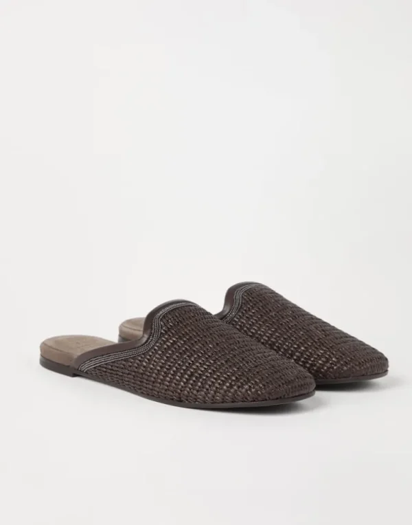 Techno raffia slippers with precious trim