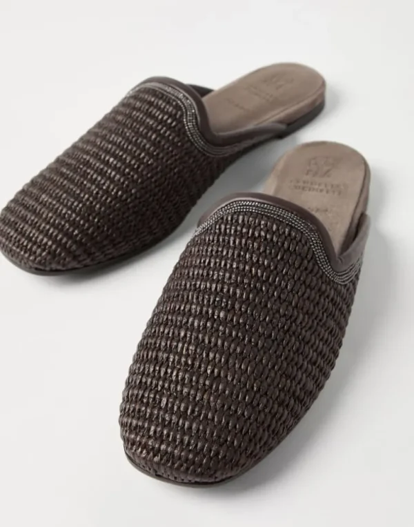 Techno raffia slippers with precious trim