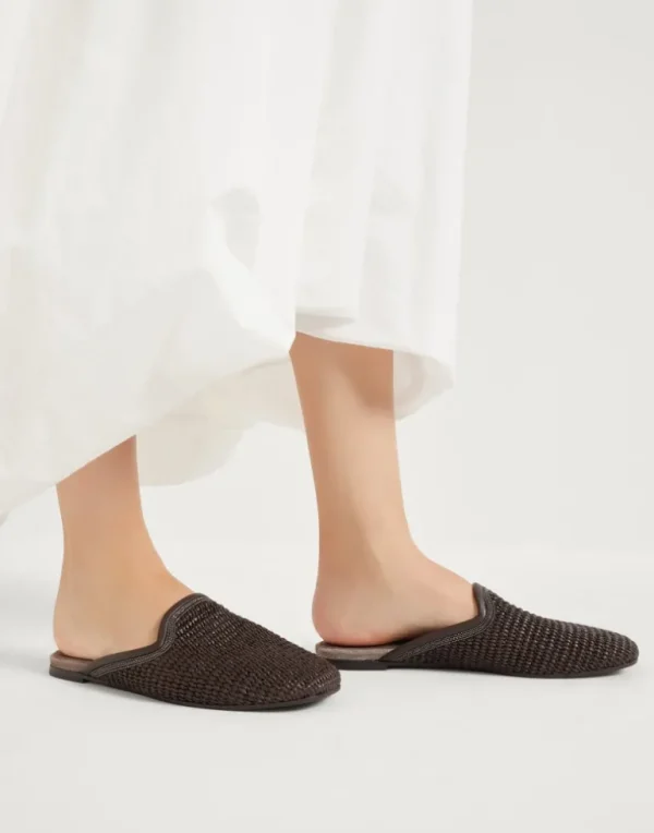 Techno raffia slippers with precious trim